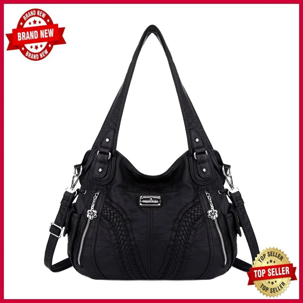 Large Tote Bag with Adjustable Strap, Multiple Pockets, Washed PU Leather